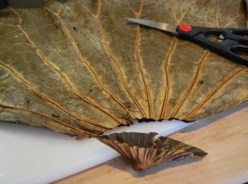 step13: 移至冷水中沖刷乾淨，用剪刀修掉荷葉中心硬梗與破碎邊緣，浸泡至包粽前再以廚房紙巾擦乾