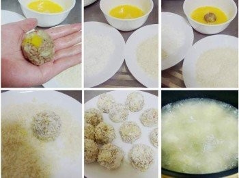 step5: 接著將<span class="group_1">材料</span>取適當大小ˊ滾成圓球狀ˊ 依序沾裹上<span class="group_2">裹炸料</span>蛋液ˊ麵粉ˊ麵包粉ˊ 油鍋放入酌量油燒熱ˊ將完成的牛肉球輕輕擺入