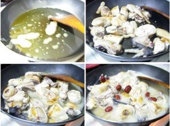 step2: 熱鍋後加入烏龍茶籽油3大匙和薑片爆香ˊ然後加入雞肉拌炒至雞皮焦香ˊ 接著嗆入米酒ˊ並添入酌量的水和紅棗一起煮滾