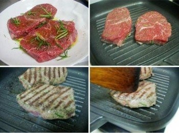 step3: 煮義大利麵同時ˊ熱好鐵鍋ˊ然後將步驟1牛排拍掉迷迭香葉ˊ 直接入鍋ˊ先大火將表面煎至焦香ˊ再改以中小火煎至喜好熟度ˊ (一面約3~4分鐘ˊ過程可輕壓牛排肉ˊ感受它的熟度) 判斷肉質熟度以今天7分熟為例: (以大姆指和無名指觸碰ˊ然後試自己大姆指下皮膚彈性觸感為依據) 完成盛起ˊ靜置3~5分鐘再切片