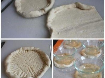 step2: 酥皮先解凍, 直到可用手操作且不破裂的柔軟度. 將四周向內折起成圍邊. 整型完成塔狀後, 用叉子將接縫處壓緊, 並在中間刺洞(以防烤時膨脹太高)