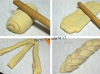 step6: ※ 這個過程忘了拍照，所以拿其他照片來替代

把前一個步驟鋪好餡料的麵糰由下往上捲起來
再用擀麵棍將麵糰輕輕擀壓成長條狀
留下頂端約一~二公分開始切成三條來編成辮子