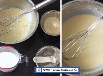 step2: 先將小鐵鍋，放入200度C的烤箱中預熱。拿一個乾淨的鍋子，放入雞蛋打散，再加入糖打勻，接著加入鹽、鮮奶、起司粉、麵粉，使用打蛋器打勻到無顆粒狀。
