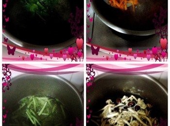 step2: 2.把菠菜,紅蘿蔔,小黃瓜,鴻喜菇,放入滾水中燙熟.撈起後把水瀝乾並搾乾多餘水分.
