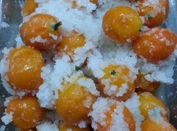 step3: 上面的動作早晚重覆一次, 期間金桔的水份會被鹽抽出。 

*  早晚翻動/搖動的作用, 是要讓鹽沾上金桔。除可作消毒防止發霉, 同時可以發現各種問題而敗壞的金桔, 及時除去。