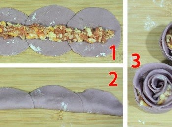 step5: 拿4片餃子皮，每片略疊在另一片上平舖展開，中間放上餡料，將餃子皮往上翻折，從左而右捲成玫瑰花，收尾處沾點水做黏合。整理一下花形。