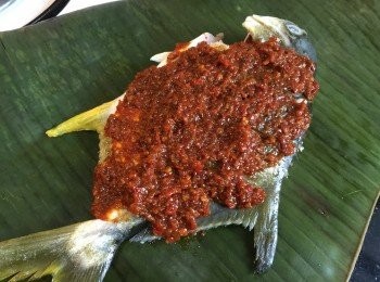 step1: 開油鑊，輕輕煎封魚的兩面。 
把參巴醬平均掃一層在蕉葉上，然後放魚在醬之上，再放參巴醬入魚肚，跟著掃多一層參巴醬上魚面，最後把蕉葉把整條魚裹封着。