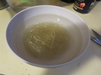 step2: 猪绞肉用腌料腌15分鐘。用冷水将粉丝提前浸泡半小时。（大致有些软就可以了）