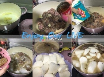 step1: 牛腩切件洗乾淨抹乾，準備細煲煮滾水加薑、葱頭、半瓶蓋紹酒放入牛腩飛一飛水！夾起沖凍水去油膩！
蘿蔔去皮切中件
切薑片、拍蒜粒、蔥、芫莤備用