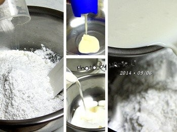 step2: 將所有的粉類一起在鋼盆中拌勻
鮮奶跟煉乳混合拌勻後再倒進粉類中攪拌均勻
