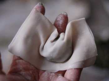 step4: 然後對摺，用手壓實周邊，封口向下