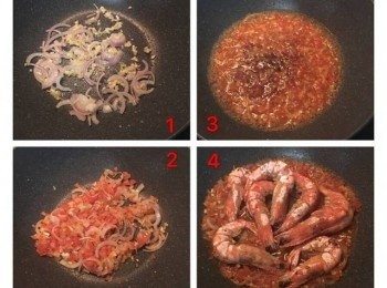 step3: 炒鍋中放少許香油炒香蒜末、薑泥和紅蔥頭片，再放入蕃茄碎丁炒軟後加入<span class="group_3">醬汁</span>（除了檸檬汁先不放）煮滾後放入<span class="group_2">蝦子</span>拌炒並加入檸檬汁，試味道調整。