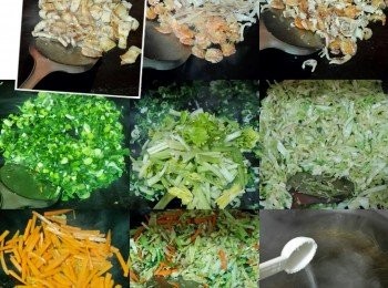 step2: 燒鍋油，落猪肉爆出油，鍋留油，盛起 ；分別將材料B炒熟,將所有材料倒入鍋中加入1茶匙鹽炒勻 ，盛起备用 ； 將3L水煮滾，冲入干薯粉條中加入2茶匙幼鹽，加盖焗10分鐘