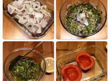 step1: 魷魚去骨洗淨切菱形塊，燙熟；甜豌豆莢去筋燙熟。燙熟後都可以過冷水變得爽脆。紅薯切菱形塊，煮熟。番茄去肉去籽，切菱形塊（番茄肉可以拿來做雪山飛狐—番茄拌白糖）。洋蔥，香菜，大蒜打碎，加入橄欖油和鹽。