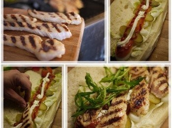 step4: 取一麵包橫切面剖開，內餡可隨自己喜愛口味隨意添加、變化! 
內餡-雞肉、洋沙拉、酸黃瓜、洋蔥、芝麻、義式生菜(口味可依個人喜好調整)。