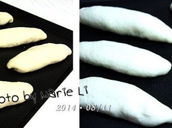 step7: 六個麵糰依相同的作法完成後
將整型好的麵包切口朝下擺放在烤盤上
在麵包表面上噴點水
靜置 30~40 分鐘做最後發酵