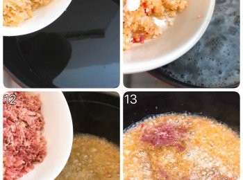 step5: 再加入瑤柱絲爆香，盛起備用；然後加入蒜粒、紅蔥頭粒和指天椒粒炒一炒，加入金華火腿及將其他材料回鑊;