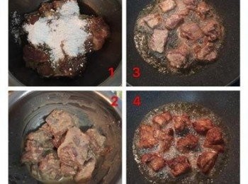 step4: 放入適量的地瓜粉與醃好的豬小排和醃料都一起抓勻後，直接放入煎炸完馬玲薯的鍋中用小火慢煎炸小排，同樣的是先定型再翻面，等可以看到小排的骨頭露出來時，再開大火逼油、上色，即可將油和排骨都倒出瀝油。