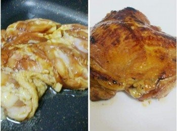 step5: 取一煎鍋ˊ不用放油ˊ將醃漬入味雞腿排ˊ 雞皮朝下兩面煎至金黃焦香ˊ然後先盛盤備用