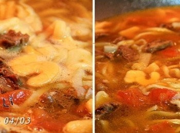 step6: 湯滾後放進預先燙熟的麵條再滾兩分鐘即可熄火。 我用的是自己手工做的烏龍麵條 還幫孩子做了數字麵條，小小歡慶一下兒童節的到來~ 一般外面賣的牛肉麵大都有著微辣 愛吃牛肉麵的兄弟倆試了好多次 即使我們覺得不辣的他們還是給辣到難以豪爽的下嚥 於是倆兄弟只能吃媽媽在家為他們煮的牛肉麵 哥哥吃了兩大碗的牛肉麵，弟弟也自己將一大碗給吃光光喔！！ ※ 《手工三色烏龍麵 》 做法請點此連結： http://marieli518.pixnet.net/blog/post/29955485