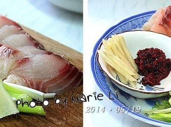 step1: 將鯛魚洗淨切成片狀、青蔥和薑都切成細絲備用