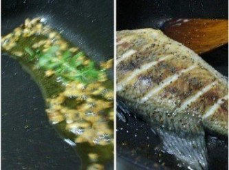 step3: 用原鍋ˊ再加入1小塊奶油小火溶化ˊ加入蒜末炒香ˊ 擺入香草讓香氣散發ˊ然後將蒜香草油淋於步驟2的魚面上即可。