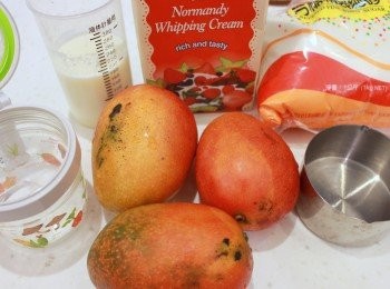 step1: 準備材料：愛文芒果等。冰淇淋機要前一天放入冷凍庫冰凍。