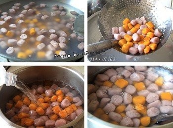 step6: 先煮開一大鍋的滾水，再將做好的芋圓和地瓜圓下鍋去煮
煮到地瓜圓與芋圓全浮在上面即算完成
撈起瀝乾水份後放進冰水中冰鎮，可保持芋圓與地瓜圓的Q度
送進冰箱裡冷藏，備用。