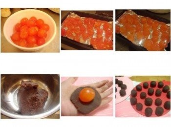 step2: 步驟2鹹蛋黃浸泡一下高梁酒後ˊ放入預熱150度c的烤箱烘烤8~10分鐘ˊ 紅豆沙分成24等份ˊ待鹹蛋黃涼後ˊ用紅豆沙包上鹹蛋黃滾圓備用