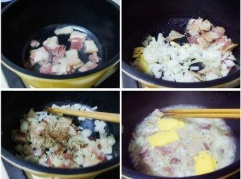 step3: 煮義大利麵同時取一鍋子無需放油ˊ直接將切小塊的培根入鍋炒香ˊ 然後依序炒香洋蔥ˊ蒜片ˊ並加入乾燥巴西利和黑胡椒略為<span class="group_2">調味</span>ˊ 然後舀入煮麵水4大匙並加入芝司樂原味起司1片讓其溶化並略滾一下