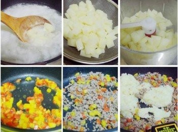 step3: 然後準備一湯鍋加入酌量的水ˊ將馬鈴薯丁煮熟ˊ 撈起瀝除多餘水份ˊ並用調理器打成泥狀。 另取一炒鍋ˊ放入少許油將紅椒ˊ黃椒ˊ牛絞肉略為拌炒均勻ˊ 然後熄火加入事先處理好的馬鈴薯泥。