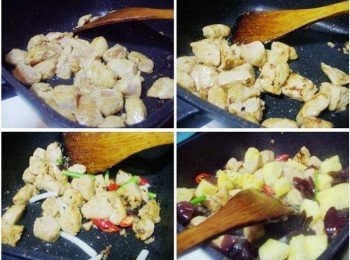 step2: 熱鍋後加入油2大匙ˊ將雞肉下鍋拌炒ˊ炒至表面均勻上色ˊ 接著加入蔥段和辣椒炒出香氣ˊ 然後加入木耳和鳳梨ˊ少許水和<span class="group_3">調味</span>再次拌炒約2分鐘即可