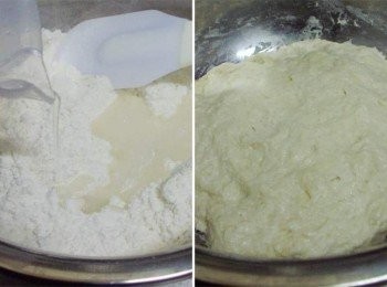 step2: 粉類材料略為拌勻後ˊ 依續加入水和橄欖油ˊ再攪拌均勻ˊ 然後蓋上蓋子或保鮮模ˊ 於室溫讓其慢慢發酵ˊ 麵團發酵膨脹至原來1倍大後就可直接使用ˊ如果不急著使用ˊ 以現在秋天氣候和溫度來說可於室溫12小時內都無需冷藏ˊ (發酵時間越長風味反而更棒ˊ正常完成發酵的麵團ˊ可以聞到自然酒香味) (如果是在夏季溫度高時)室溫發酵1~2小時後ˊ 可移至冷藏3~5天內用完ˊ要做前1小時取出讓其回復室溫即可接著後續動作完成。 (也就是讓麵團低溫發酵ˊ慢慢孕育出好味道ˊ有時間再做ˊ非常方便吧~)