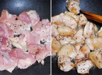 step3: 熱鍋後不放油直接將切丁的雞腿肉ˊ 雞皮面朝下ˊ煎炒至表面焦香