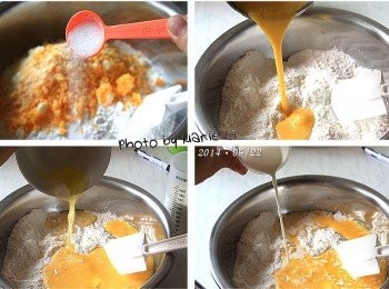 step2: 將過篩好的糯米粉、木薯粉裝進一只大鋼盆裡
加進刨好的乾酪絲與起司粉，還有一茶匙的鹽
然後把全部的<span class="group_1">食材</span>輕輕拌勻開來

接著依序慢慢加進雞蛋、奶油、鮮奶
一邊加一邊攪拌，使所有材料混合成糰