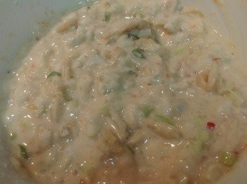 step1: 馬鈴薯切成小丁塊(細小的易煮熟)，青蔥跟一起切然後將泡菜、馬鈴薯、蔥跟麵粉及玉米粉，調味料並一起攪拌。