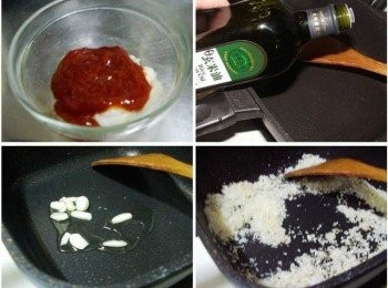 step7: 利用步驟6冷卻的時間ˊ將蕃茄醬和沙拉醬調勻ˊ 熱鍋加入健康廚房黃金玄米油1大匙ˊ先爆香蒜片ˊ 然後只取蒜油將麵包粉炒至金黃香酥