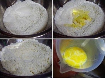 step2: 準備一適合容器擺入事先拌勻的粉類<span class="group_1">材料</span>ˊ加入切小塊狀的無鹽奶油ˊ 用手指頭抓捏成細碎小米粒狀ˊ將4/3蛋液和鮮奶拌勻