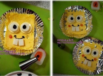 step3: 8. 用圓型壓模壓在魚卵卷紅色部位再放在二頰 (二頰處可以先壓出小洞後再把魚卵卷卡進去，這樣才不會亂跑) 9. 用同一個圓型壓模在四個邊邊及臉部戳洞後，即完工了