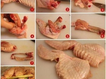 step2: 1) 先把關節處斷開, 但不切斷 2) 將尖刀插入骨頭與肉之間, 延著骨頭邊邊畫一圈 3) 用手將肉往後推, 把骨頭關節切斷扒開, 成為V型 4) + 5) 延著骨頭, 把肉邊壓邊剝至底處 6) 利用雙手ㄧ邊緊握骨頭, ㄧ邊壓緊肉的部份 7) 最後將骨頭關節處扭斷, 或用刀子剁掉, 即完成