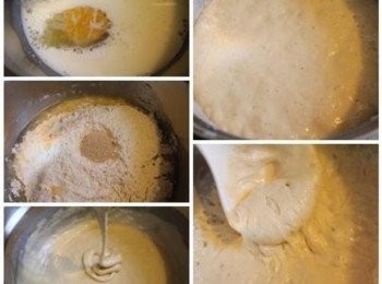step1: 將鮮奶/沙拉油/雞蛋/楓糖漿攪拌均勻. 加入麵粉與酵母攪拌成濃稠的麵糊