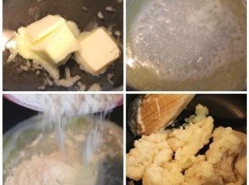 step2: 將水與奶油加熱煮滾後, 關火, 倒入麵粉/鹽巴燙熟, 攪拌成糰