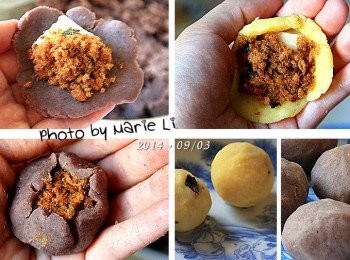 step4: 準備餡料：

在《烏豆沙》與《綠豆沙》中間
包進一小塊《麻糬》和少許《肉鬆》
搓揉成每個約30g左右的餡球


餡料作法請見：

自製《烏豆沙》
自製《綠豆沙》
自製Q軟不變硬的《麻糬》