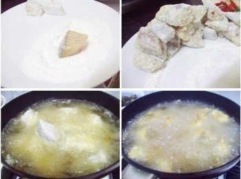 step3: 2.將醃漬入味的魚肉一一裹上少許蕃薯粉 3.靜置2~3分鐘ˊ讓粉濕潤ˊ這樣入鍋炸時粉才不會脫落 4.輕輕放入魚塊ˊ讓其定型再撥弄ˊ炸至全面金黃ˊ先用濾網器盛起 5.加熱油溫ˊ再回鍋讓其更香酥ˊ一方面也能逼出多餘油脂