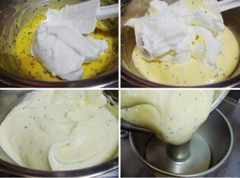 step6: 舀1/3份量的<span class="group_3">蛋白霜</span>混入蛋黃麵糊中ˊ 用橡皮括刀延著盆邊翻轉ˊ由下往上拌勻ˊ (讓彼此密度更接近) 然後再將剩下<span class="group_3">蛋白霜</span>加入ˊ輕柔確實完成拌勻工作ˊ 最後將攪拌好的麵糊倒入戚風模中ˊ 然後輕敲一下ˊ 送入以事先預熱的烤箱ˊ170度c烤40~42分鐘即可