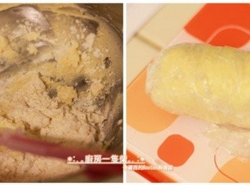 step1: <span class="group_1">菠蘿皮</span>無鹽奶油放置於室溫下軟化，加入細砂糖，以攪拌器打至蓬鬆。倒入過篩的低筋麵粉，壓拌均勻成團。 拌好的麵團置於保鮮膜上，整形成圓柱狀，放入冰箱冷藏備用。