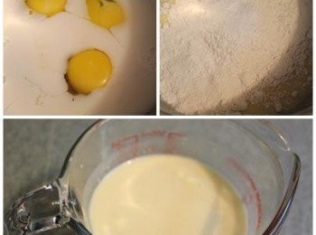 step1: 鮮奶/雞蛋/蜂蜜先攪拌均勻, 加入中筋麵粉/鹽巴/融化奶油拌勻完成粉漿 ** 為了方便操作, 可以把粉漿到入有滴嘴的量杯