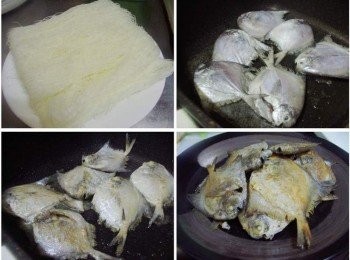 step2: 市售米粉1包取出ˊ用水沖洗一下ˊ 鍋內放入油1大匙燒熱ˊ將小白鯧魚兩面煎至金黃香酥ˊ 然後先盛盤備用