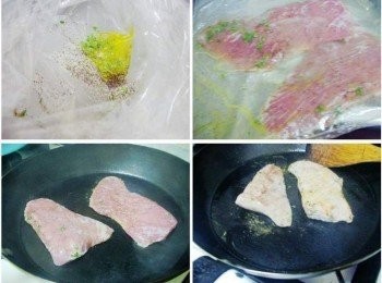 step3: 準備一適合容器或乾淨塑膠袋ˊ放入<span class="group_2">松阪豬醃料</span> 和洗淨擦乾水份的松阪豬ˊ略為按摩入味ˊ 熱鍋後無需放油ˊ將松阪豬擺入ˊ 煎至兩面金黃熟透ˊ然後盛起靜置備用