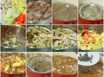 step2: 蒜頭切末、洋蔥逆紋切、蘑菇切片、紅蘿蔔切塊。牛肉切塊。